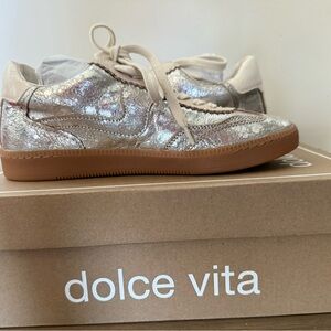 New in Box Dolce Vita Silver Distressed Leather Sneakers with Gum Sole, 6W